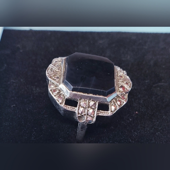 Vintage Art Deco Style Black Onyx & Marcasite Cocktail Ring Sz4 - Picture 3 of 7